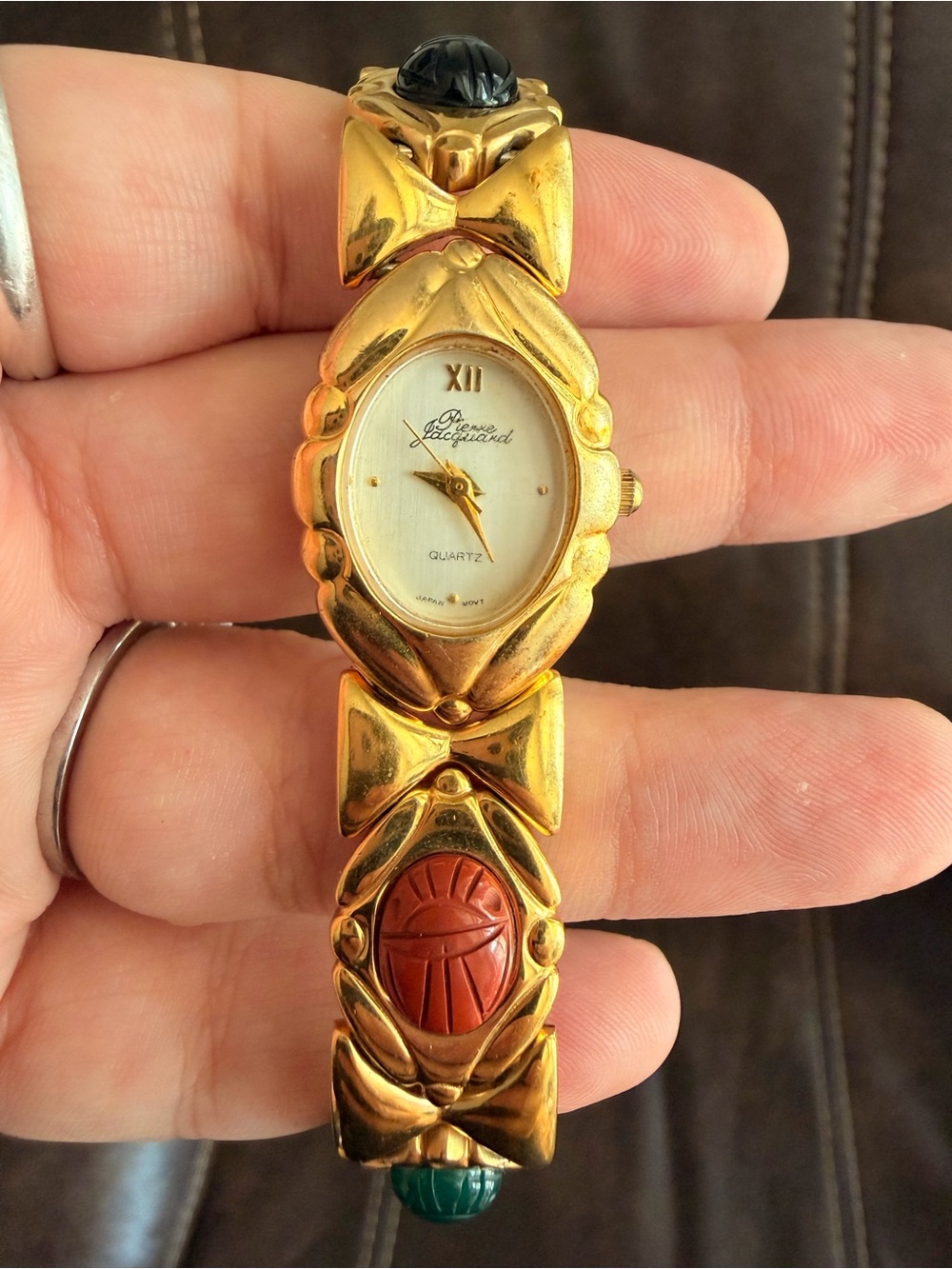 •PIERRE JACQUARD• Vintage Quartz Gold Wrist Watch w/ Gemstone Scarabs